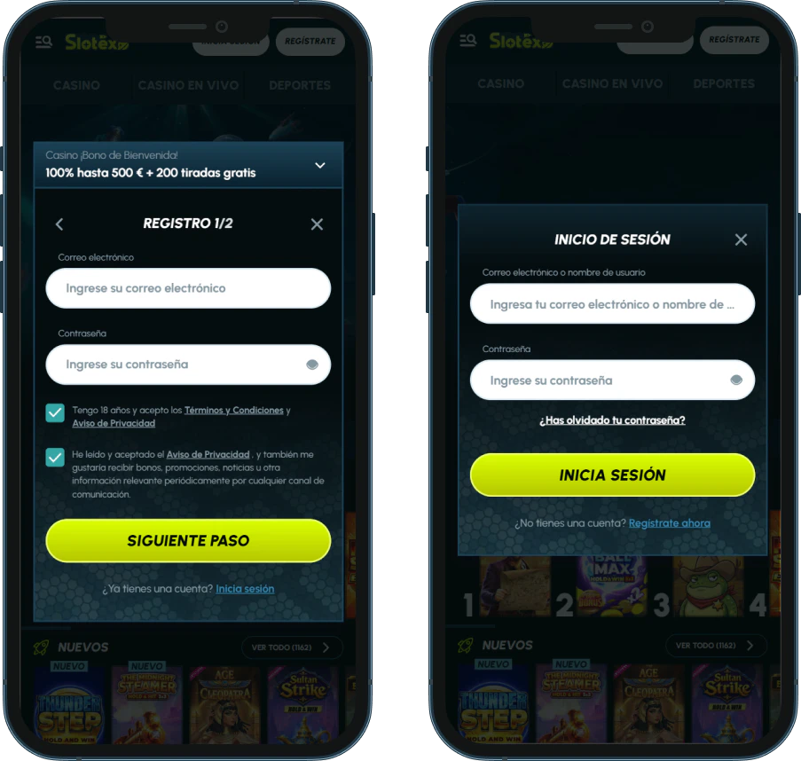 Registro e inicio de sesión en Slotexo